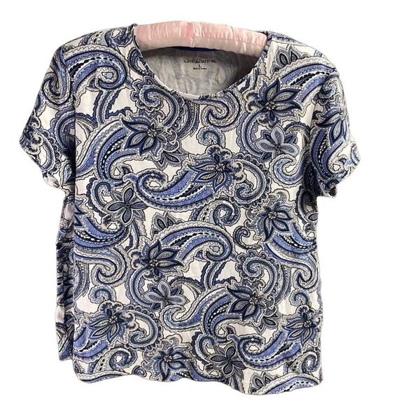 Croft&Barrow Ladies Paisley Short Sleeve Scoop Neck Blue White Size Large - Picture 1 of 7